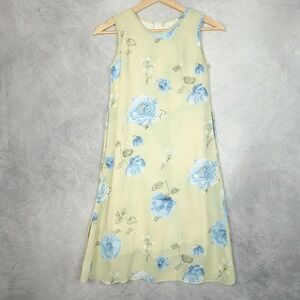 Vintage Y2K Dress Girls 10 Green Blue Floral Chiffon Midi Lined Tie Back Fairy